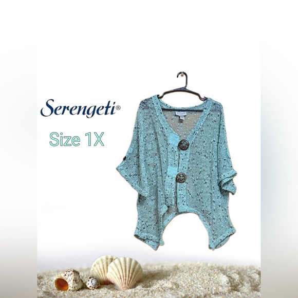 🐚 Serengeti Aqua Blue Open Weave Kimono Cardigan – Size 1X 🐠 - Picture 1 of 3